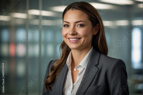 Happy businesswoman in a business suit smiling in a modern reception area