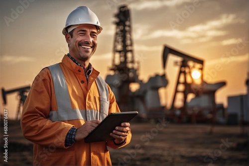 Happy male worker engineer specialist in the oil industry with a tablet in his hands