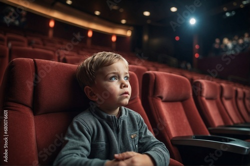 Happy little boy engrossed in watching a movie or cartoon in a cinema