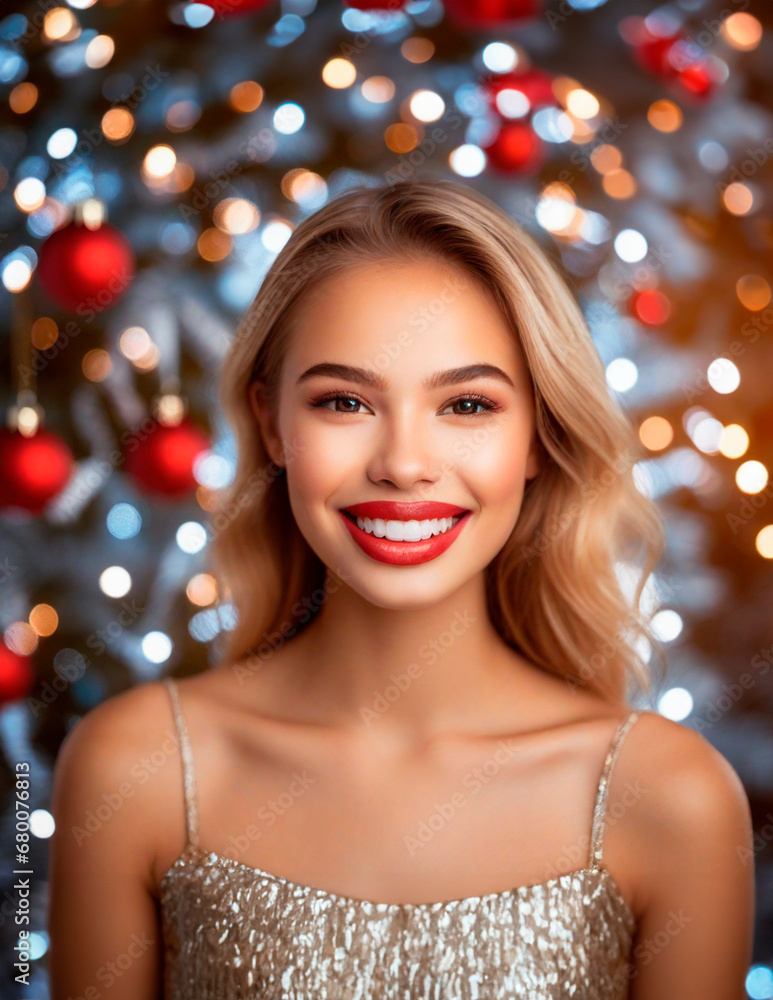 Smiling pretty model woman portrait with gold bokeh background. Winter, holidays, celebration concept. Christmas, new year, happy, joyful. Beautiful gorgeous caucasian young girl for ad, advertisement Smiling pretty model woman portrait with gold bokeh background. Winter, holidays, celebration concept. Christmas, new year, happy, joyful. Beautiful gorgeous caucasian young girl for ad, advertisement