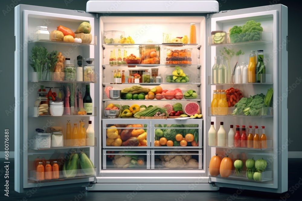 A smart fridge filled with food. A smart fridge filled with food.