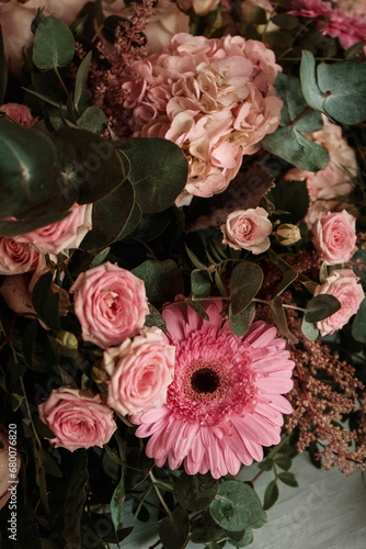 wedding day floral detail background and confetti