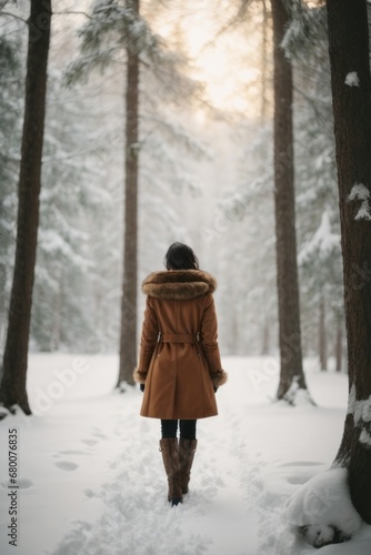 Rear view of a woman wearing warm clothes walking through a winter white forest. © liliyabatyrova