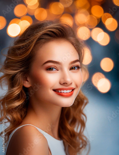 Smiling pretty model woman portrait with gold bokeh background. Winter, holidays, celebration concept. Christmas, new year, happy, joyful. Beautiful gorgeous caucasian young girl for ad, advertisement