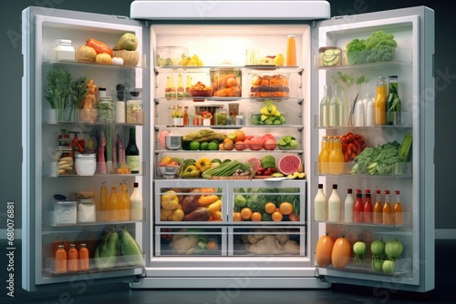 A smart fridge filled with food.