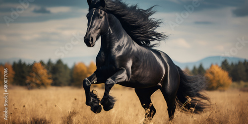 Capturing the Beauty of a Black Mustang Running Free in a Field of Lush Grass generative AI photo