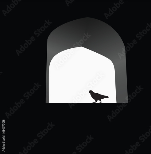 Pigeon is sitting on the windowsill of a dark window.