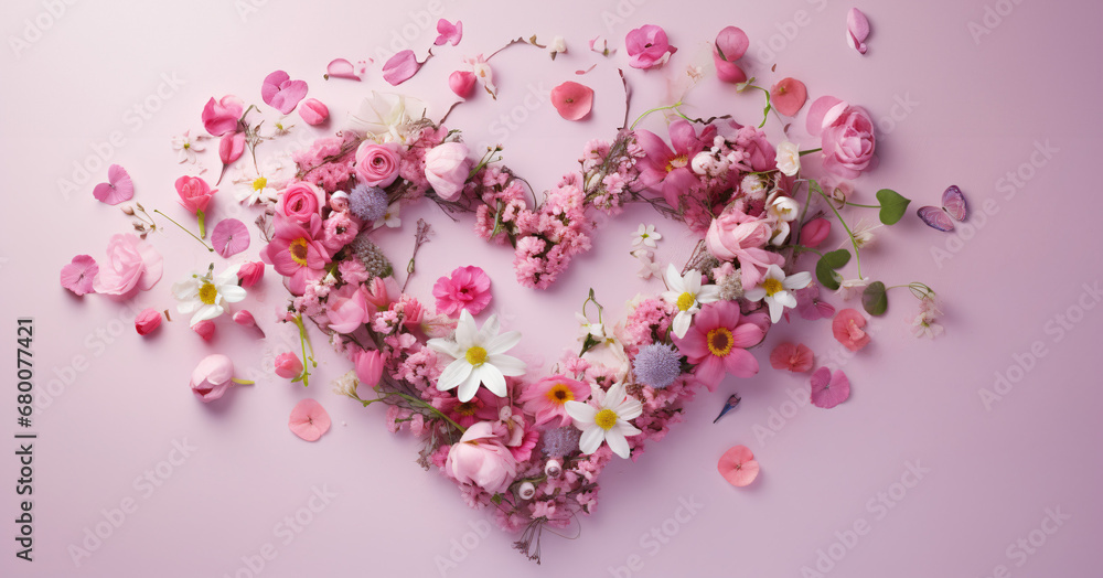 A lovely pink heart shape made of May spring flowers A lovely pink heart shape made of May spring flowers