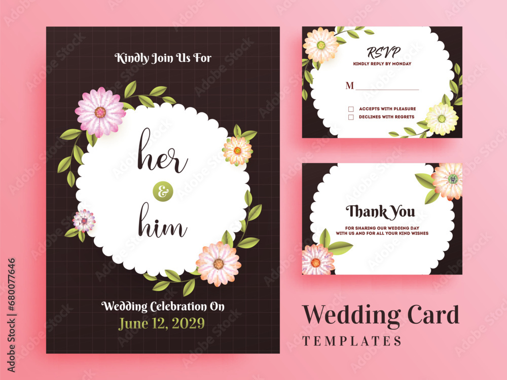 Beautiful flower decorated invitation template design with rsvp and thank you card layout in Brown and White Color.