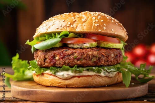 Mouthwatering vegan burger  all layers  roll  sauce  plant-based patty and salad.