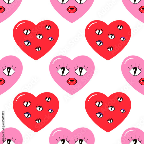 Seamless pattern, characters, weird hearts, love and valentine's day