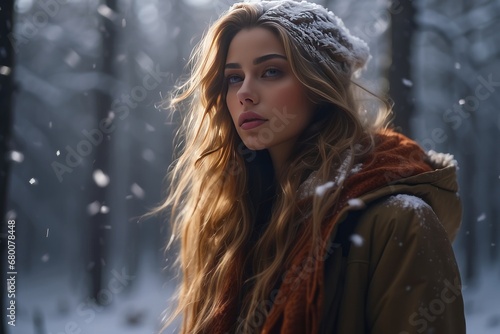 Close-up portrait of a beautiful young brunette woman with long hair in a winter forest during a snowfall.