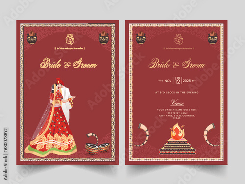 Indian Wedding Card Template Layout with Hinduism Newlywed Couple Character and Event Details.