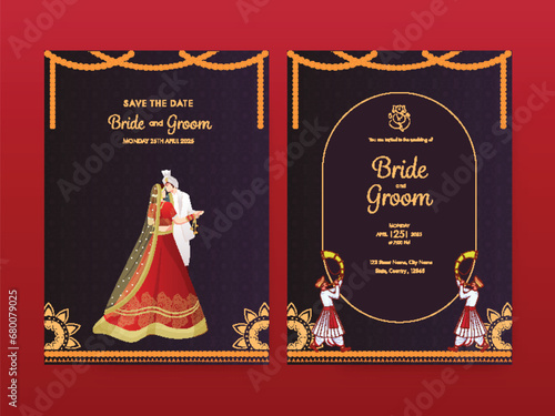 Indian Wedding Card Template Layout with Hinduism Newlywed Couple Character and Event Details.