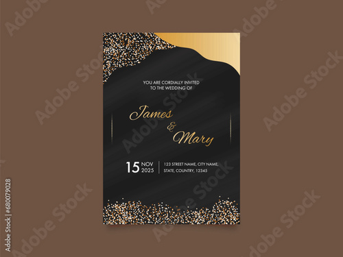 Golden and Black Color Wedding Invitation Card Template with Event Details.