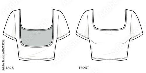Backless slim fit T-shirt flat technical fashion illustration. Fitted tee shirt fashion flat technical drawing template, crop, square neckline. front view, back view, CAD mockup set.