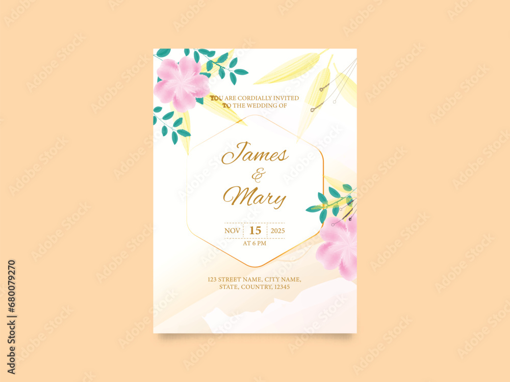 Floral Wedding Invitation Card Template Design with Event Details for Ready to Print.