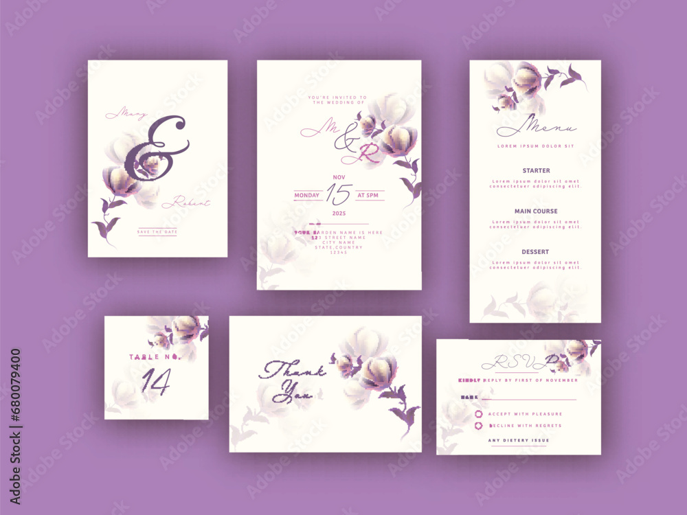 Elegant Floral Wedding Invitation Card Suite Presenting on Purple Background. Elegant Floral Wedding Invitation Card Suite Presenting on Purple Background.