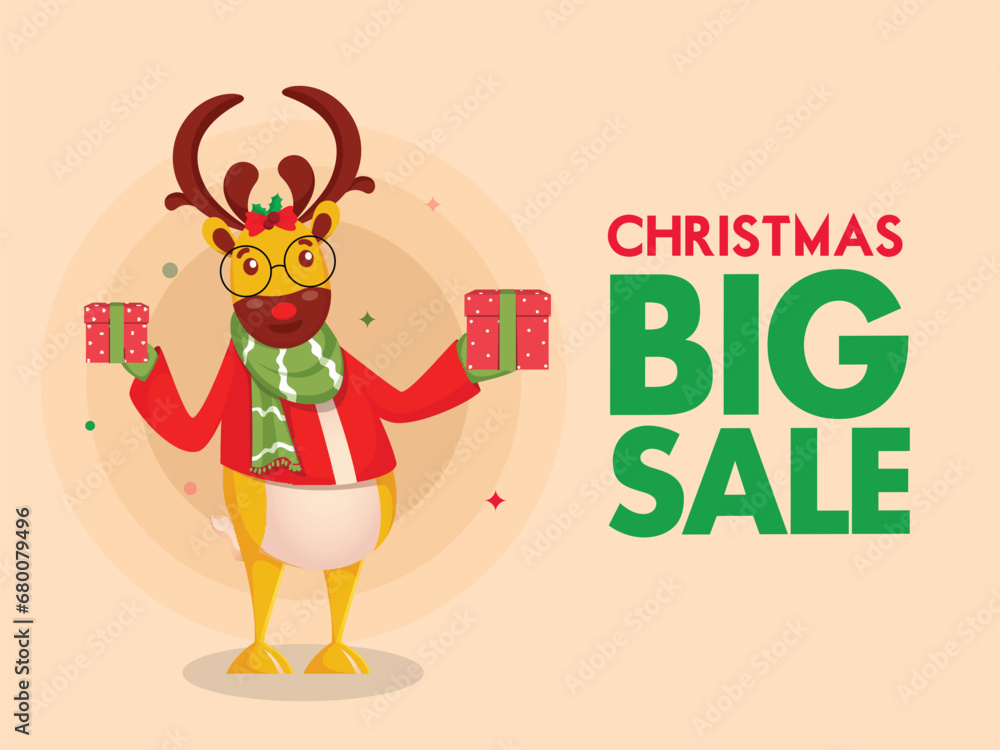 Christmas Big Sale Poster Design with Cartoon Reindeer Holding Gift Boxes on Beige Background.