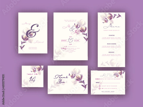 Elegant Floral Wedding Invitation Card Suite Presenting on Purple Background.