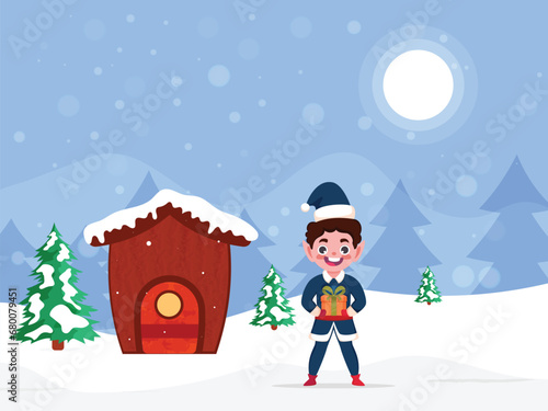 Cheerful Elf Character Holding a Gift Box with Snow Covered House on Full Moon Snowfall Landscape Background for Merry Christmas.
