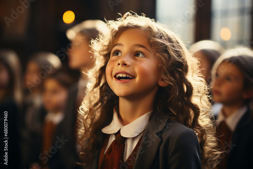 A girl student singing in the choir.