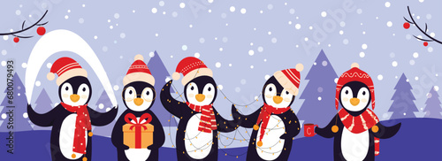 Cartoon Penguin Characters Wearing Woolen Hat with Scarf in Different Poses and Xmas Trees on Snowfall Violet Background.