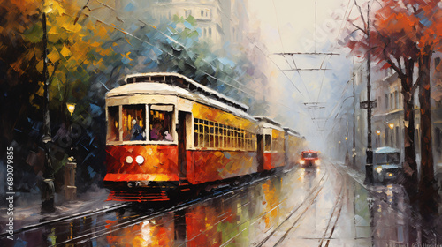Tram in old city colorful oil paintings landscape