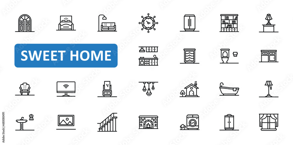 Sweet Home icon set. home, house, furniture, interior, exterior, bedroom, sofa, wardrobe, cupboard, window, sleep, couch, icons. Editable stroke thin line outline icon collection. Vector illustration Sweet Home icon set. home, house, furniture, interior, exterior, bedroom, sofa, wardrobe, cupboard, window, sleep, couch, icons. Editable stroke thin line outline icon collection. Vector illustration