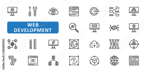 Web Development icon set. SEO, developer, coding, code, website, programming, programmer, html, design, data, server, icons. Editable stroke thin line outline icon collection. Vector illustration