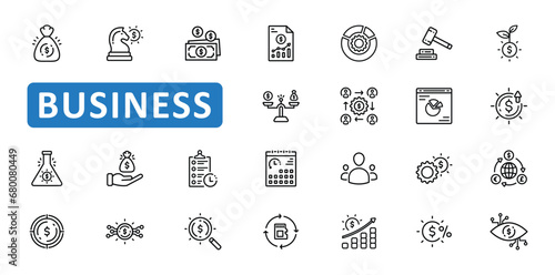 Business icon set. finance, investment, bank, cash, money, profit, deposit, income, payment, growth, sales, analysis, icons. Editable stroke thin line outline icon collection. Vector illustration