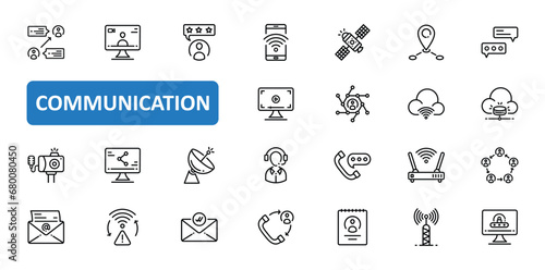 Communication icon set. connection, network, share, sharing, conversation, contact us, contact, customer, support, icons. Editable stroke thin line outline icon collection. Vector illustration