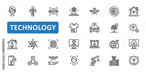 Technology Icon Set. artificial intelligence, ai, robot, virtual reality, vr, science, 3d, smart, brain, internet, icons. Editable stroke thin line outline icon collection. Vector illustration