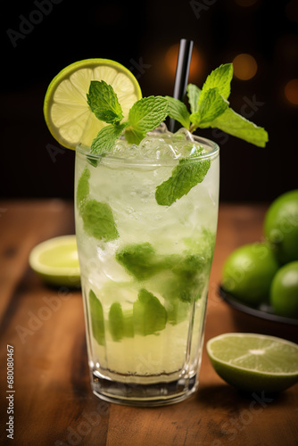 Trasfondo Refrescante: Mojito en Reposo sobre Texturas de Madera