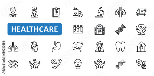 Healthcare icon set. doctor, nurse, care, medical, hospital, treatment, clinic, health, ambulance, emergency, pills, icons. Editable stroke thin line outline icon collection. Vector illustration