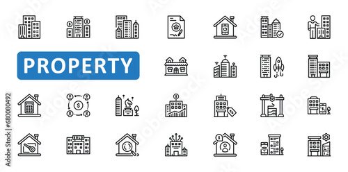 Property icon set. home, house, city, building, real estate, architecture, construction, town, apartment, urban, mansion, icons. Editable stroke thin line outline icon collection. Vector illustration