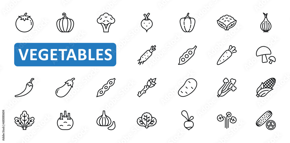 Vegetables icon set. vegetable, healthy, organic, food, vegetarian, onion, tomato, carrot, pumpkin, root, garlic, icons. Editable stroke thin line outline icon collection. Vector illustration