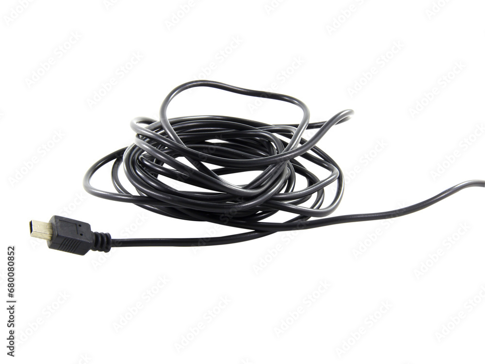 black wire cable of usb and adapter isolated on white background.Electronic Connector.Selection focus. black wire cable of usb and adapter isolated on white background.Electronic Connector.Selection focus.