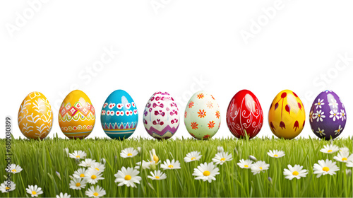 Colorful Decorated Easter Eggs Lined up on Grass with Daisies on Transparent Background