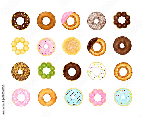 色々なドーナツのセット スイーツ・お菓子の手描き水彩イラスト素材集