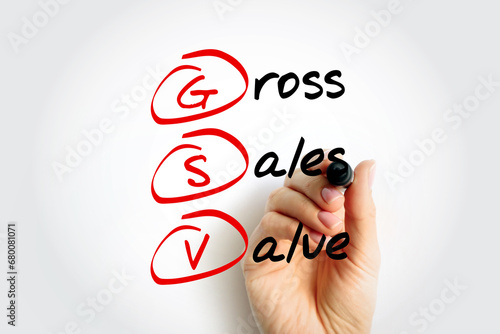 GSV Gross Sales Value - value of all of a business's sales transactions over a specified period of time without accounting for any deductions, acronym text concept background photo