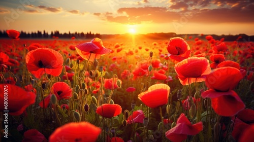 Beautiful red poppies field at sunset. Nature composition.