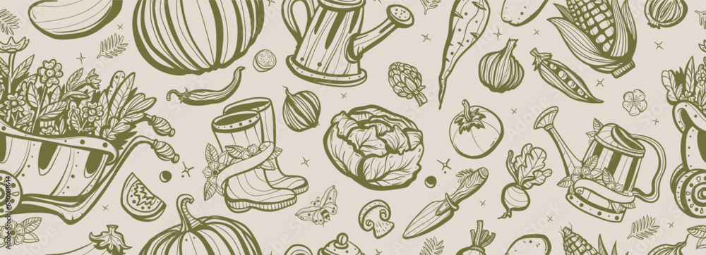 Garden elements and vegetables. Farm background of natural food. Old school tattoo vector seamless pattern. Scarecrow, watering can, garden cart, сabbage, pumpkin, beets, tomato, corn - obrazy, fototapety, plakaty 