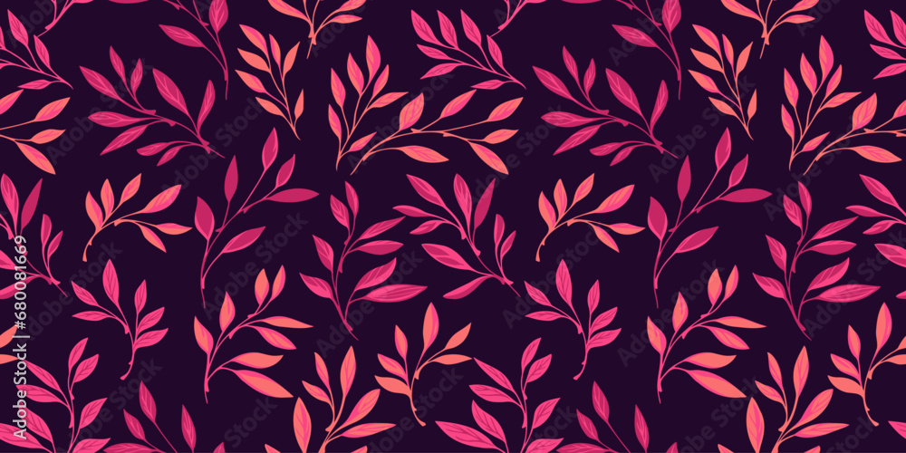 Bright pink orange tiny stem leaves seamless pattern on a dark background. Vector hand drawn sketch. Creative abstract simple nature leaf print. Template for design, textile, fashion Bright pink orange tiny stem leaves seamless pattern on a dark background. Vector hand drawn sketch. Creative abstract simple nature leaf print. Template for design, textile, fashion