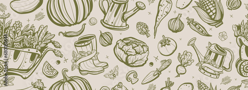 Garden elements and vegetables. Farm background of natural food. Old school tattoo vector seamless pattern. Scarecrow, watering can, garden cart, сabbage, pumpkin, beets, tomato, corn © intueri
