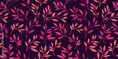 Bright pink orange tiny stem leaves seamless pattern on a dark background. Vector hand drawn sketch. Creative abstract simple nature leaf print. Template for design, textile, fashion
