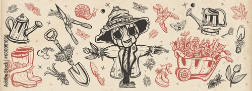 Garden elements set. Scarecrow, watering can, garden cart, boots, shovel, secateur. Equipment set. Old school tattoo vector collection