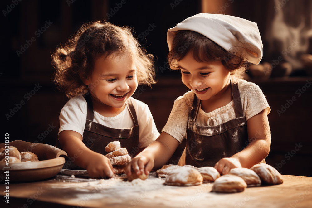 A children helping to prepare Challah in a home kitchen. The scene is playful and engaging, with kids kneading the dough and flour on their noses, capturing the joy of family baking traditions.