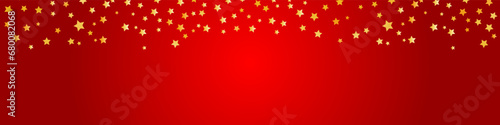 Glitter golden stars frame on red background. Luxury elegant design elements. Gold stars random luxury sparkling confetti. Christmas texture. Vector illustration EPS 10