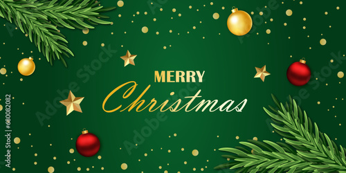 Green christmas banner. Merry christmas green banner with golden decoration and pine tree leaves. Vector illustration EPS 10